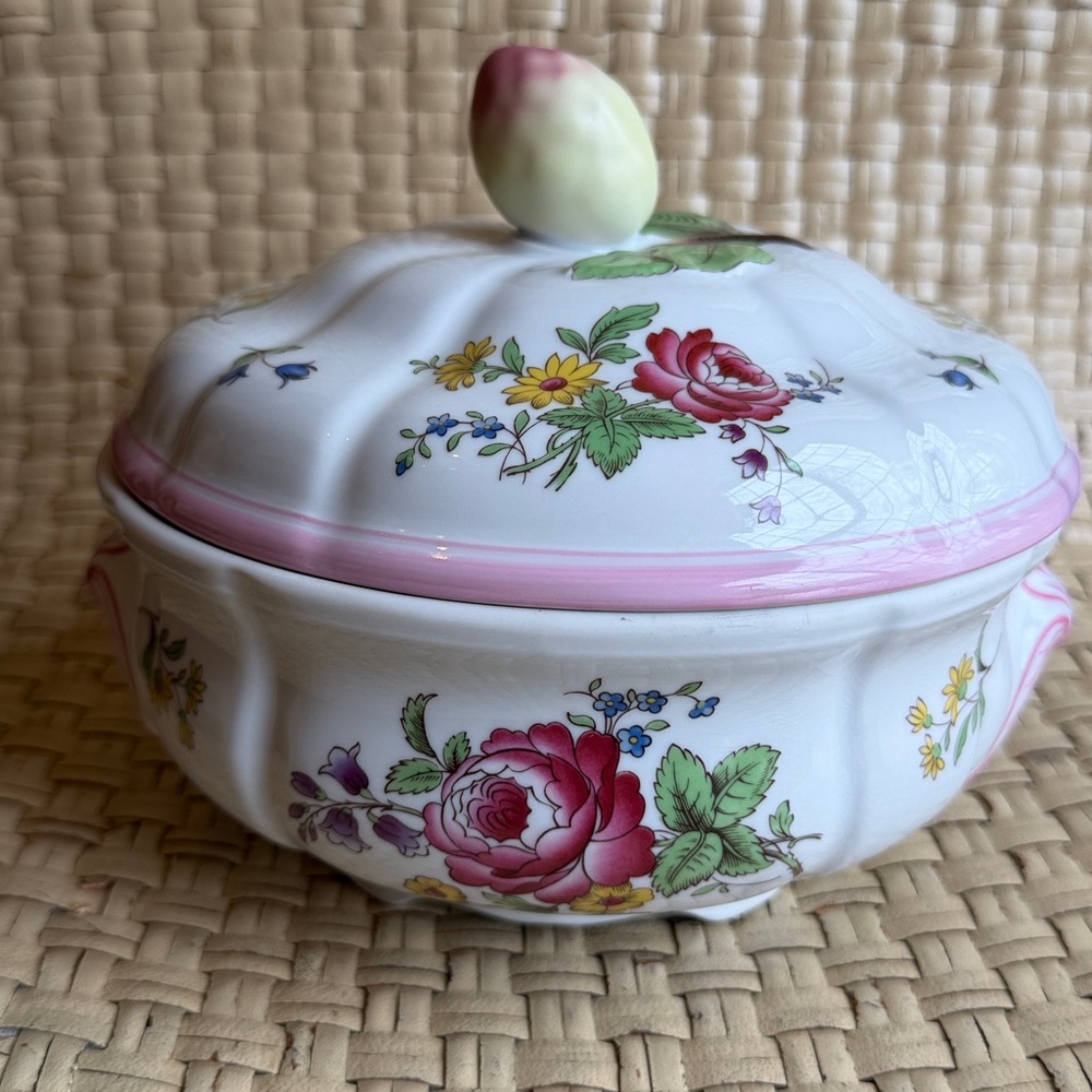 Spode Casserole Dish Pink, Green, Yellow  Floral on White England